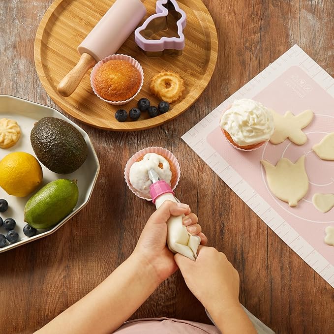 Pulcher Kids Baking Sets Real Little Chef Kitchen Cooking Set Tools Kit Supplies, with Apron Utensils Rolling Pin Silicone Mat Cookie Cutters Measuring Cups Spoons Bamboo Carrying Basket(Pink Purple)