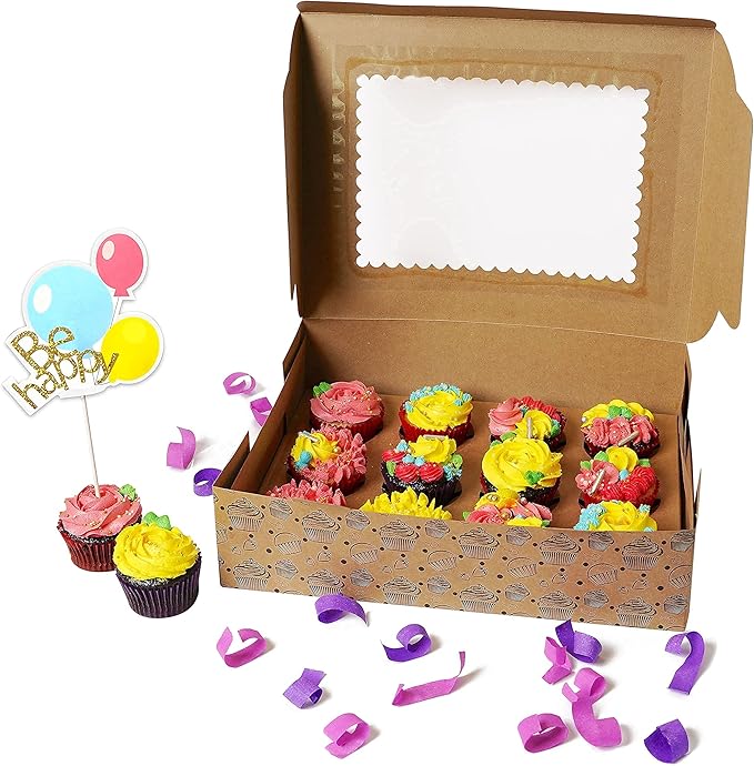 (10-Pack) Cupcake Boxes Bulk | Cupcake Holder with Lid | Disposable Cupcake Containers | Food Grade Kraft Bakery Boxes with Window to Fit 12 Cupcakes, Cookies, Muffins ,Pastry, Long Treats