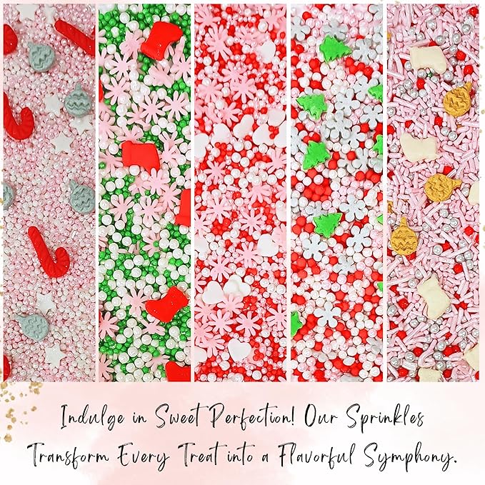 Confect Christmas Sprinkles | Christmas Sprinkles - Green White Silver Pink Pearls Sparkling sugar I Christmas Tree Stocking & Candy Canes for Dessert Decorating- 5 Oz