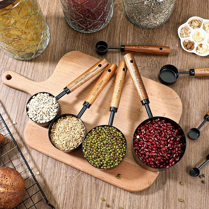 SHENLIU 8 Pcs Measuring Cups and Spoons Set, Black Stainless Steel Measuring Cups with Wooden Handle, Metal Measurings Spoons Set Nesting Kitchen Measure for Kitchen Baking