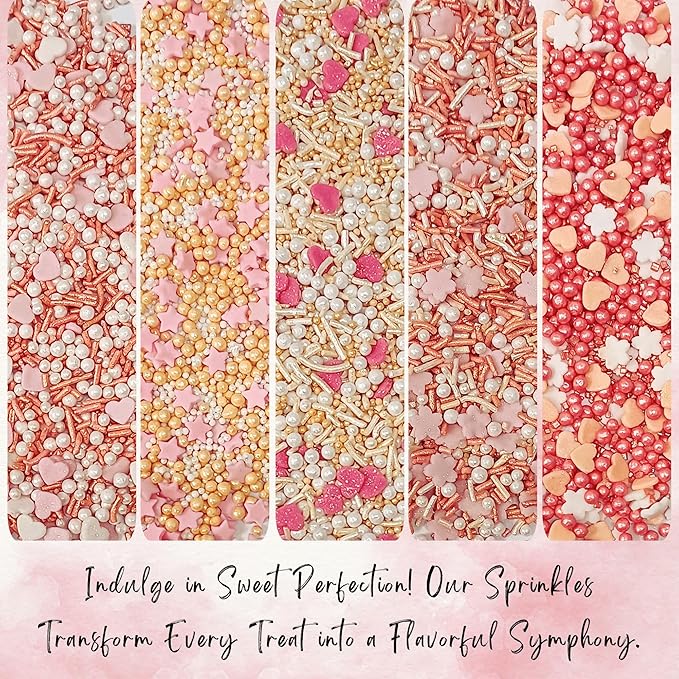 Confect Valentine’s Day Edible Sprinkles Mix – Gold, White & Pink Pearls with Stars & Hearts – Decorative Baking Sprinkles for Cakes, Cupcakes, Cookies & Birthdays- Vegan, Gluten-Free, Nut-Free, Soy-Free, Dairy-Free, Palm Oil-Free -5 Oz