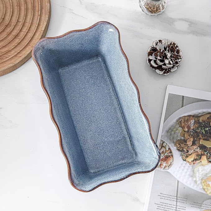 HVH Ceramic Loaf Pan for Baking Bread, Rectangular Baking Bread Loaf Pan, 9 x 5 inch Bread Pan, Bread Baking Pan for Cooking, Wave Series, Farmhouse Style (Wabi sabi)