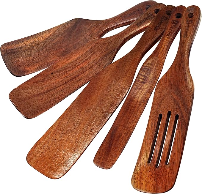 Wooden Spurtle Set - 5 PCS of Different Spurtles As Seen on TV - Wooden Kitchen Tools for Cooking in Nonstick Cookware, for Salad Mixing, Serving, Spreading, Stirring & Folding