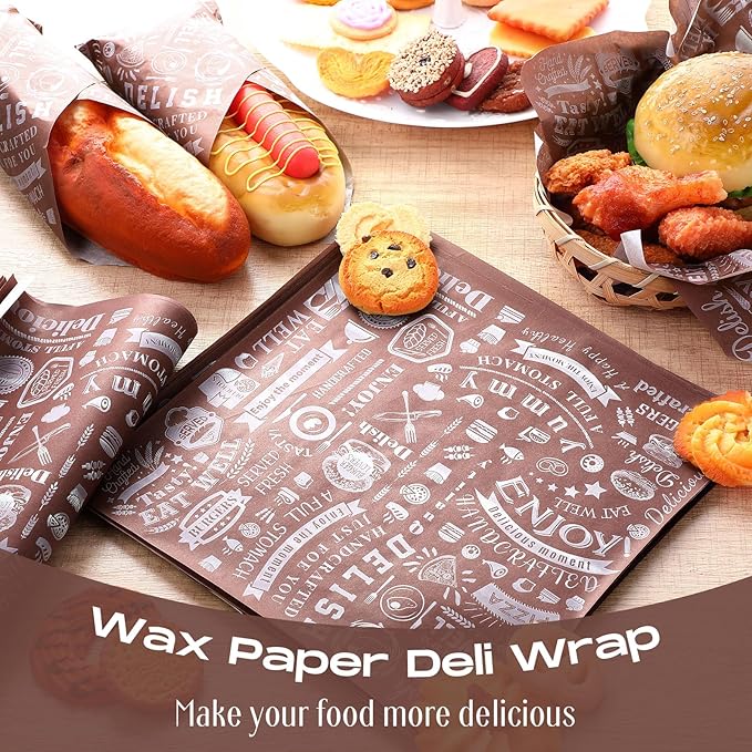 Outus 600 Pcs 10 x 10 Inch Deli Wax Paper Sheets Grease Resistant Tray Basket Liners Newsprint Paper Water and Grease Proof Sandwich Wrapping Square Hot Dog Wrappers for Food Baking (Coffee Color)