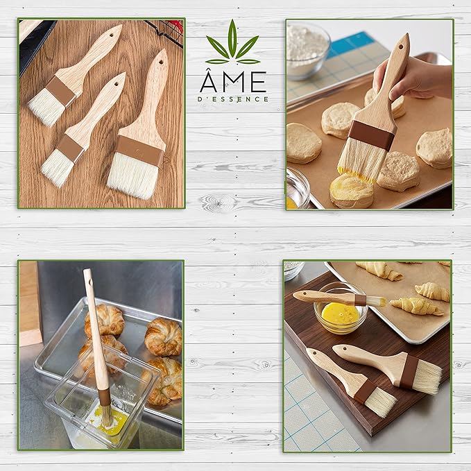 (Set of 3) AME D'ESSENCE 1"x 2" x4" Wide Boar Pastry Brushes, Wooden Handle, Heat Resistant Bristle Basting Brush, Baking Tool, and Food Preparation