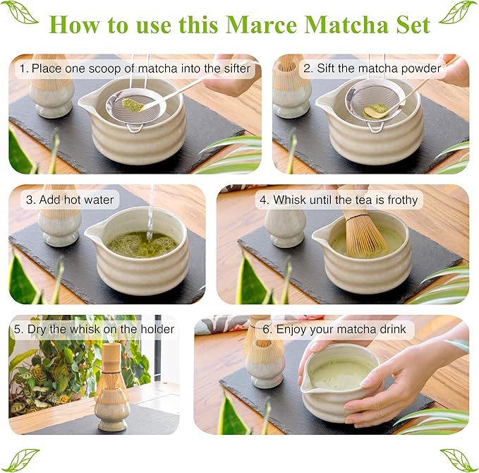 Matcha Whisk Set- Matcha Set includes Matcha Whisk and Bowl (Bowl with Spout), Sifter, Holder and Scoop- The Perfect Bamboo Whisk for Matcha Tea (Molted Green)