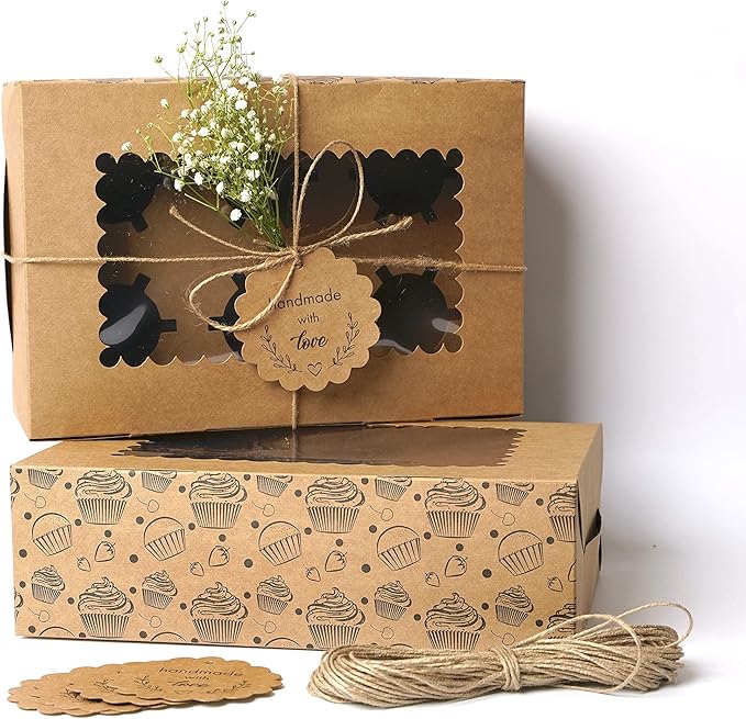 20-Pack Brown Cupcake Boxes with Insert Trays, Tags and Twine | Food Grade Kraft Bakery Boxes with Window to Fit 6 Cupcakes