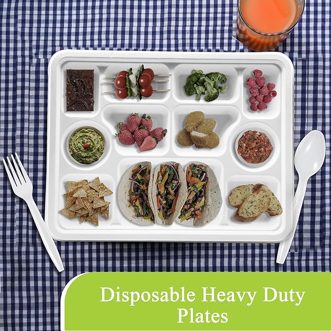 three leaf 11 Compartment Bagasse Rectangular Plate, 50 Ct. PFAS-Free, Heavy Duty, Sugarcane Fiber, Eco Friendly Disposable, 100% Biodegradable, Microwave and Freezer Safe, Ideal for Lunch, Buffet