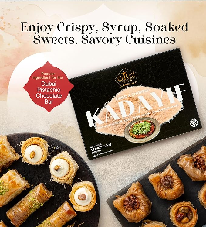 Cerez Pazari Kataifi Shredded Fillo Dough 1.1 lb. Shredded Phyllo Dough, Kadayif Ingredient For Dubai Chocolate Bar Pistachio, Raw, Dried, Chopped Kataifi Pastry, Knafeh, Kunafa