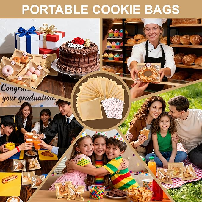 120 Pack Cookie Bags with Seal and Stickers, 5.7 x 6.5 Inch Paper Bakery Bags with Window, Heat-Sealable, Greaseproof Paper Bags Perfect for Treat, Donuts, Cake Slices, Scones, and Brownies