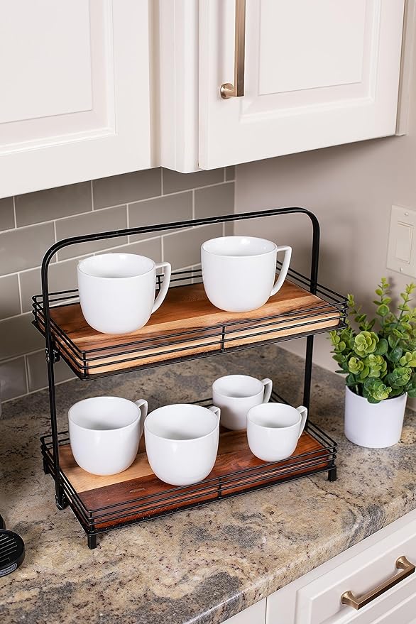 BIRDROCK HOME 2-Tier Wood & Iron Serving Tray w/Handle – Rustic Farmhouse Dessert Server – Party Display Stand - Cupcakes, Appetizers, Fruits & Pastries – Modern Kitchen Tiered Platter – Natural
