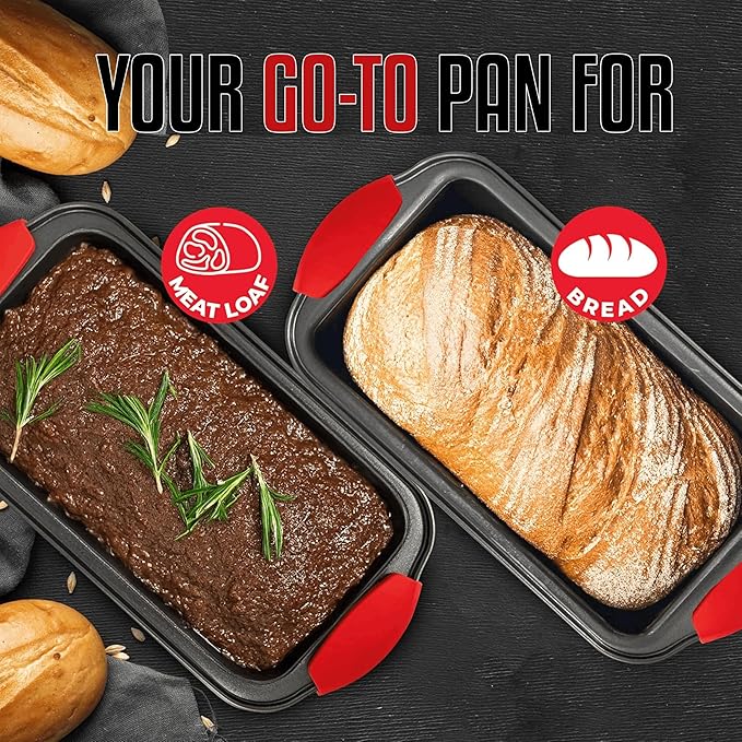PERLLI Nonstick Loaf Pan with Silicone Grip Handles 11.75" x 6" High-Carbon Steel Bakeware for Baking Bread Cake Broiling Roasting Meat, Oven Safe (446°F)