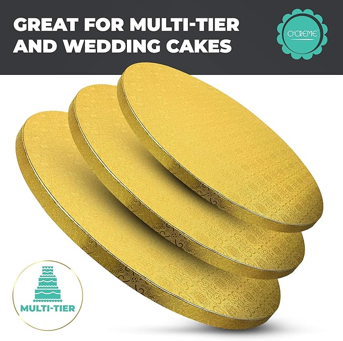 O’Creme Cake Board, Gold Foil Round Cake Circles with Gorgeous Design, Sturdy & Durable 1/2” Thick Cake Drums, Round Cake Boards with 12” Diameter, Pack of 5 Disposable Cake Drums