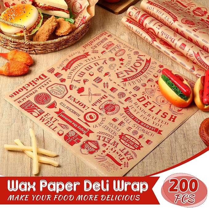 Marspark 200 Pcs Deli Wax Paper Sheets 12 x 12 Inches Square Grease Resistant Tray Basket Liners Hot Dog Wrappers Newsprint Water and Grease Proof Sandwich Wrapping Paper for Food Baking (Brown Red)