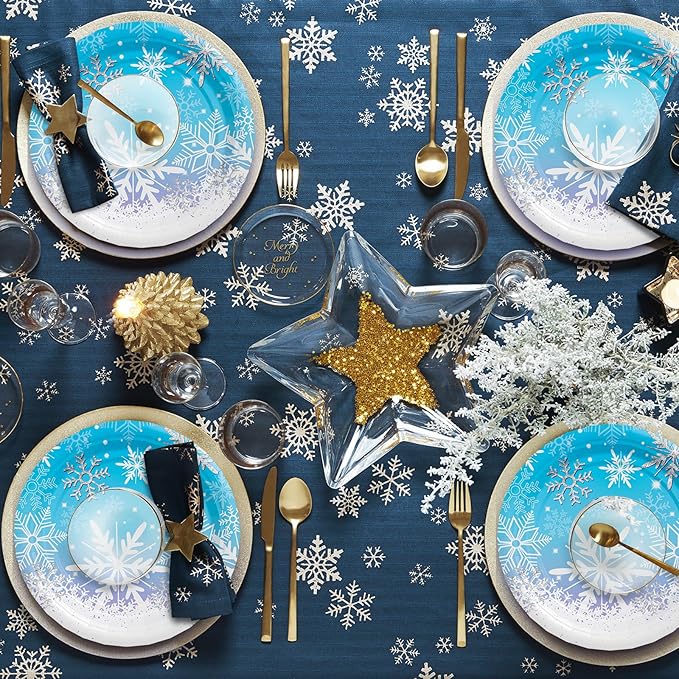 AFZMON 50 Pack Frozen Party Plates Dessert Paper Dinnerware Plates, 7 Inch Winter Snowflake Theme Disposable Round Plate for Christmas Xmas Winter Wonderland Frozen-theme Party Supplies