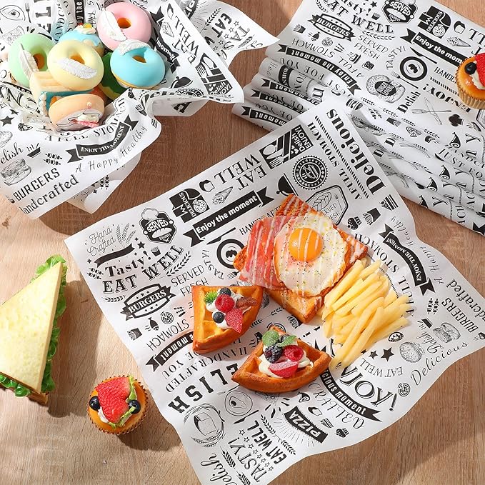 200 Pcs Deli Wax Paper Sheets 15 x 15 Inch Large Newsprint Sandwich Paper Wraps Greaseproof Food Basket Liners Newspaper Wrapping Square for Halloween Christmas Burger Bread BBQ Picnic (White Black)