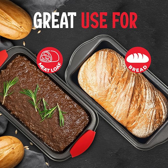 PERLLI Nonstick Meatloaf Pan with Drip Tray Insert – High-Carbon Steel Bakeware with Silicone Grips – Ideal for Baking Bread, Cake, and Roasting Meat in the Oven - 2-Piece Set
