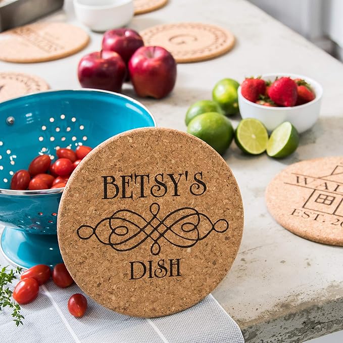 Custom Catch Personalized Cork Trivet Gift - (2) 7" Hot Pads - Customizable Housewarming Scroll Decoration Trivets for Dishes, Pots, Pans, Baking Sheets, Plates for Table, Countertop, Kitchen