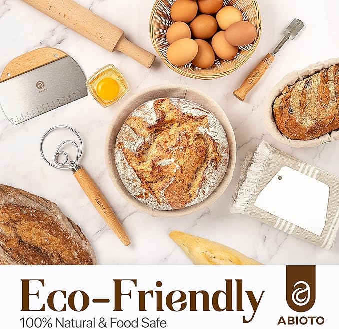 Sourdough Bread Making Kit - 9″ Round & 10″ Oval Banneton Proofing Baskets, Danish Dough Whisk, Bread Lame (5 Blades), Bench & Bowl Scrapers, Linen Liners - Complete Bread Making Tools