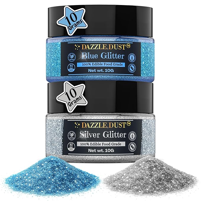 Dazzle Dust Edible Glitter Sprinkles for Cake Decorating, Drinks, Cookie, Icing, Dessert Decorations, Sparkly Luster, Food-Grade, Vegan, Gluten Free, Kosher, Bulk 2 Pack, 10g Each, Blue and Silver
