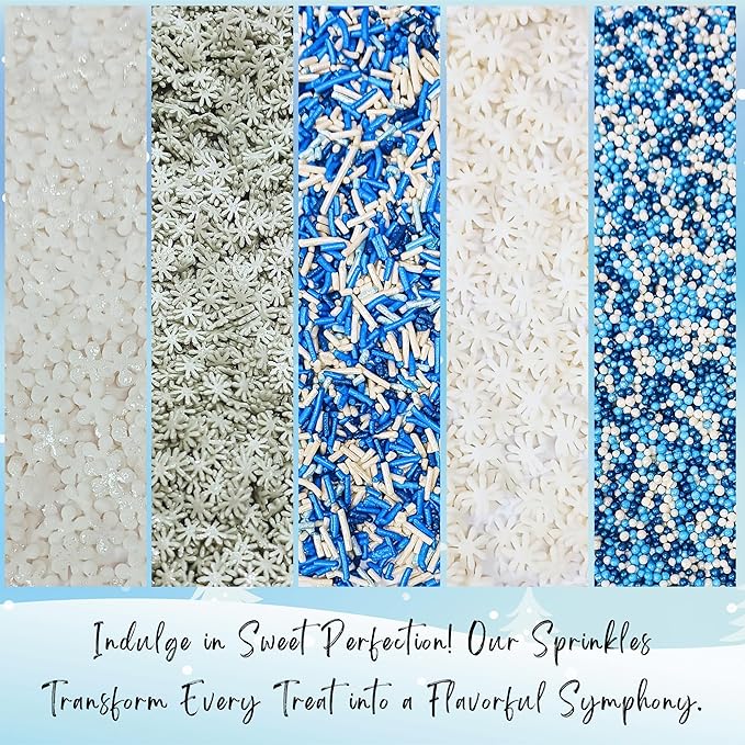 Confect Christmas Sprinkles | Frozen Mix Blue Pearls | Silver & White & Snowflakes | White Flower Sprinkle | Christmas Jimmies Sprinkles - 5 Oz