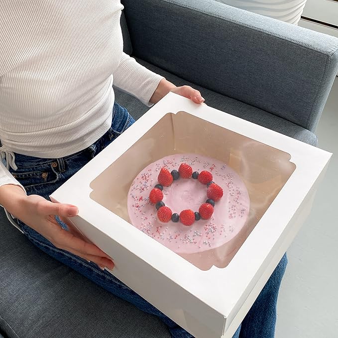 12x12x8 Inch Cake Boxes 15 pcs, Large 12 Inch Cake Box with Window for 8 Inch Tall Tiered Bakery Cakes, Pies, Sturdy Square White Cardboard, Cake Decorating Supplies (80 Pcs Stickers)