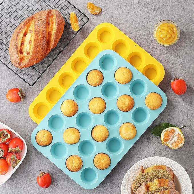 2PCS Silicone Mini Muffin Pan, 24 Cups Nonstick Mini Cupcake Pan for Baking, BPA Free and Dishwasher Safe, Great for Making Muffin Cakes, Tart, Bread and Egg Bites