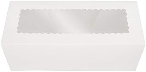O'CREME White Rectangular Cake Box 14.5 Inch x 5 Inch x 3 Inch High with Scalloped Window - Pack of 5