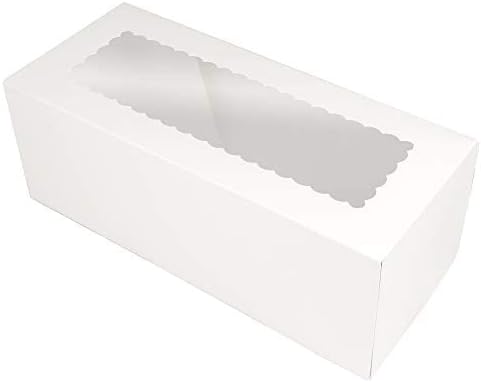 O'CREME White Rectangular Cake Box 14 Inch x 6 Inch x 5 Inch High with Scalloped Window - Pack of 5