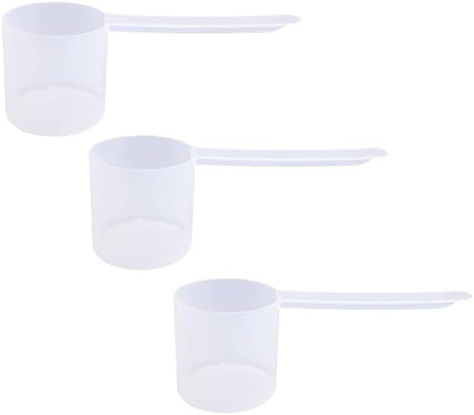 Plastic Measuring Scoop, (70 cc | 4.73 tbsp | 2.37 fl oz. | 70 mL) Long Handle Spoons for Powders, Granules, Coffee, Pet Food, Baking Supplies, Protein and Other Dry Goods, BPA Free (Set of 3)
