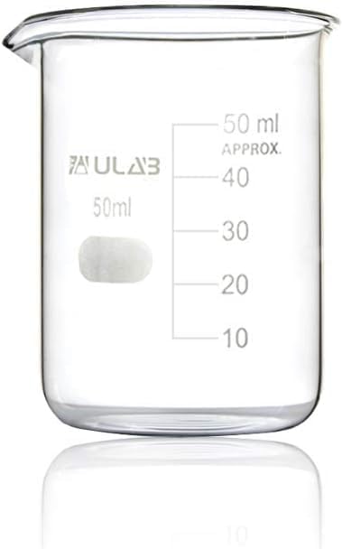 ULAB Glass Beakers Shot Glass, Vol. 50ml, 3.3 Borosilicate Griffin Low form with Printed Graduation, Pack of 4, UBG1019
