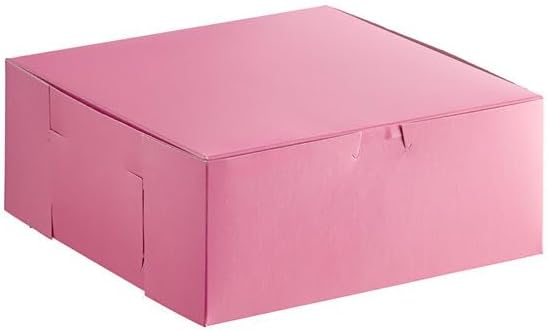 10x10x4 Inch Pink Bakery Box, Paperboard Construction, Lock Corner Design, Tuck Top Closure, Square Shape, 100 Count Case