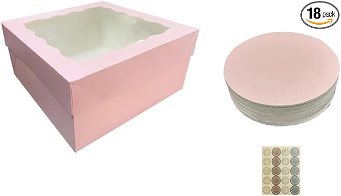 Generic 18Pcs (12.2x12.2x5.9 in) Cake Boxes+18 Cakeboard+1 stickers with Display Window for Gift Giving, Bakesale, Cupcakes, Dessert, Cookies, Pie, Macaroons, Donuts, Pastry, (Pink), 12CDGH