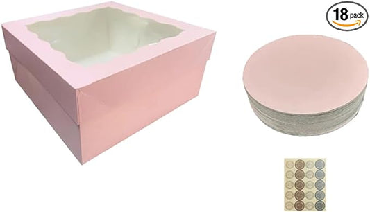 Generic 18Pcs (12.2x12.2x5.9 in) Cake Boxes+18 Cakeboard+1 stickers with Display Window for Gift Giving, Bakesale, Cupcakes, Dessert, Cookies, Pie, Macaroons, Donuts, Pastry, (Pink), 12CDGH