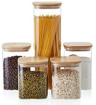 Unbreakable Overnight Oats Containers with Lids, Set of 5 Airtight Glass Jars with Bamboo Lids, Glass Food Storage Canisters for Cookie, Candy, Coffee Bean, Sugar, Spices, Dry Goods, Transparent