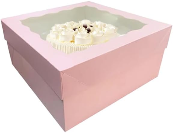 Generic 18Pcs (12.2x12.2x5.9 in) Cake Boxes+18 Cakeboard+1 stickers with Display Window for Gift Giving, Bakesale, Cupcakes, Dessert, Cookies, Pie, Macaroons, Donuts, Pastry, (Pink), 12CDGH