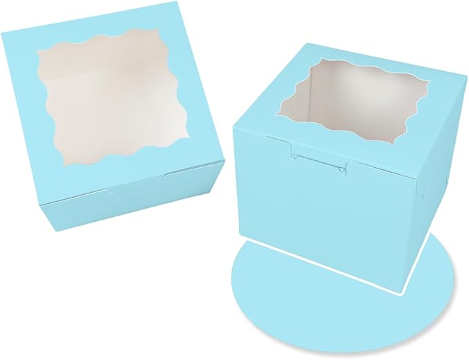 Bakepacker 36pcs 6x6x5 Inches Cake Boxes with Window, 18-Pack Light Blue, 6 Inch Bakery Boxes (18 Cake Boxes + 18 Cake Boards Included)