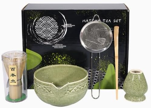 Japanese Matcha Whisk Set, 5-Piece Ceramic Bamboo Whisk Kit, Chawan Bowl 560ml/18.9oz | Complete Set for Traditional Matcha Making at Home, Ideal Gift for Tea Lovers (Green)