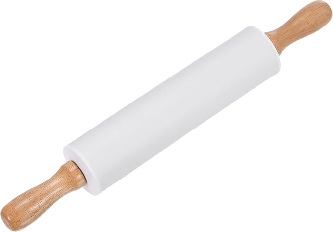 HARFINGTON Silicone Rolling Pins for Baking 12.2 Inch Non-Stick Silicone Surface Wooden Handle Rolling Pin Small Roller Playdough Rolling Pins for Fondant Kitchen Dough Pizza, White