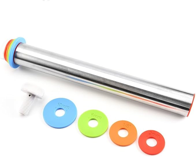 Rolling Pin and Silicone Baking Pastry Mat Set, Stainless Steel Dough Roller with Adjustable Thickness Rings, for Pizza, Pie, Pastries, Pasta, Cookies (Black)