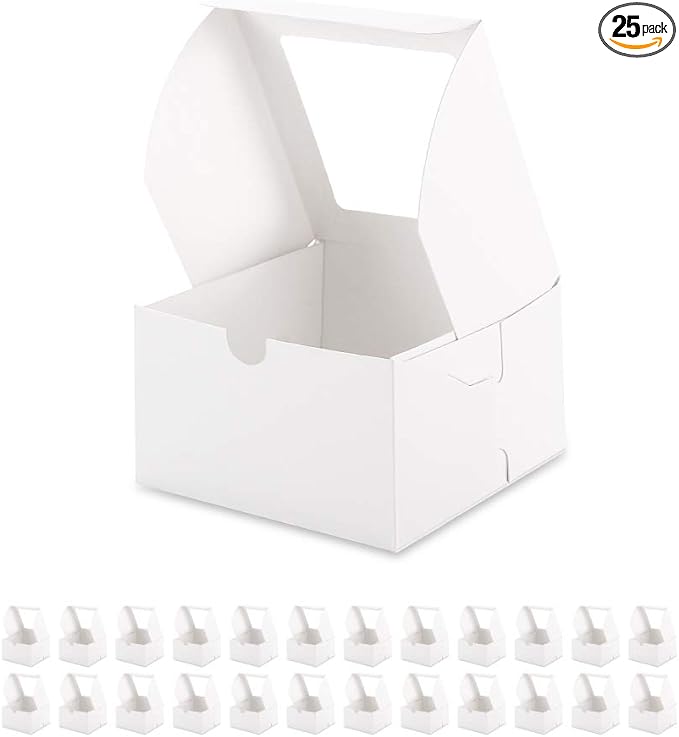 25 White Bakery Boxes with Window 5x5x3.5 Inches, Dessert Boxes to Go with Window, Treat Boxes for Small Bakery, Dessert, Candy, Cookies, Pastry, Party Favors, Wedding Cake