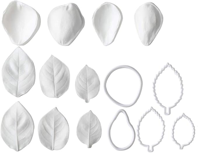 15PCS Rose & Peony Fondant Mold Kit, Silicone Gum Paste Sugar Craft Flower Veining Set for Birthday Cake Decoration