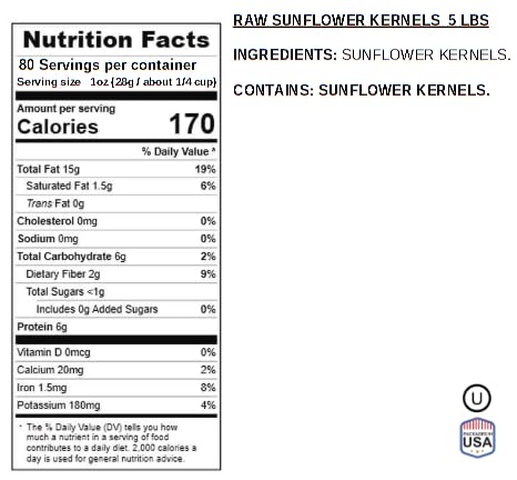 Raw Sunflower Seeds 5 Pounds | Resealable Bag | Hulled Sunflower Kernels | Healthy Snack High in Protein & Healthy Fats | Great for Cooking, Baking, Salad Recipes | Jaybee's
