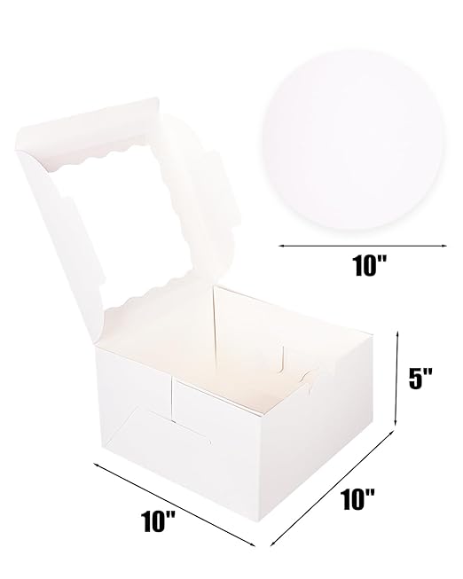qiqee 10x10x5 Cake Box, 18 Sets White Cake Box with Window ＆ 18 Sets 10" White Cake Round Boards, 10inch Cake Containers, 10 Meters Gold Silk Ribbon