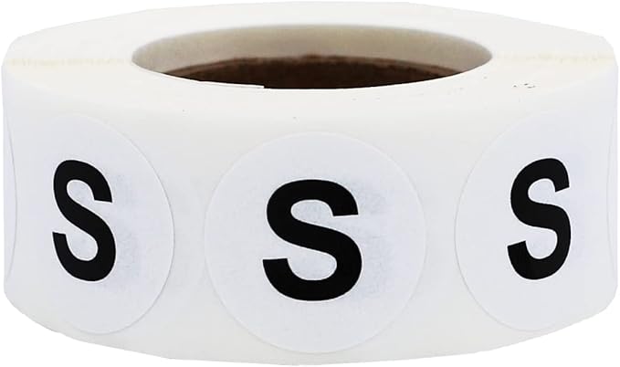White Circle Small S Clothing Size Stickers - 3/4 Inch Round, 500 Adhesive Labels Per Roll for Retail Apparel, Clothing Organization, and Inventory - Made in The USA