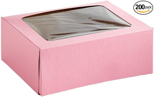Auto-Popup Window Bakery Box, Pink Paperboard, 9 x 7 x 3.5 Inches, Rectangle Cake Box, 200 Count Bundle