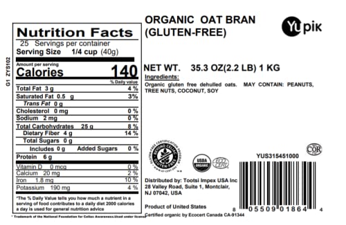 Yupik Organic Oat Bran, Gluten-Free, 2.2 lb (35.2 oz), Non-GMO, Kosher, Vegan, Raw, Made from Hull of Whole Grain Oats, Good Source of Fiber, Ideal for Baking & Cooking