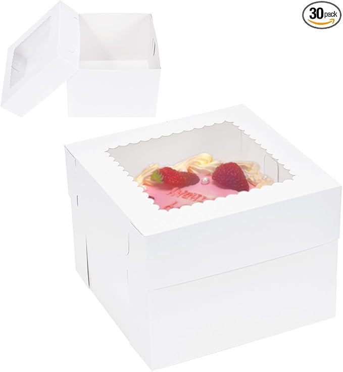 8x8x6 Inch 30 Pack White Square Cake Box, Disposable Cake Boxes for Cake,Cookies,Pies,Cupcakes and Pastry