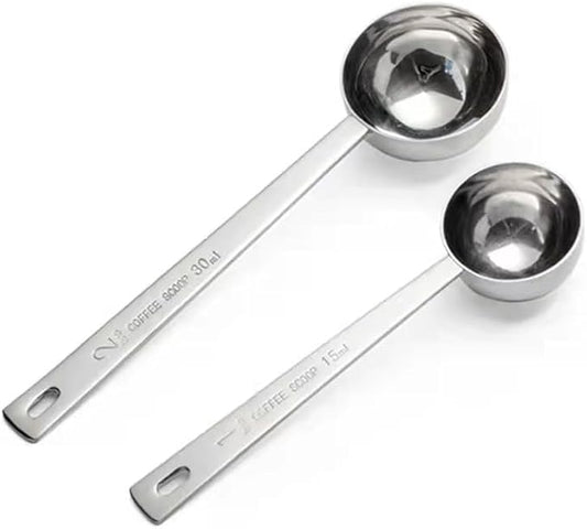 Long Handle 304 Stainless Steel Coffee Measuring Spoon Multi-Purpose Set Silver 2 Pieces 1 Tablespoon (15ml) and 2 Tablespoons (30ml)