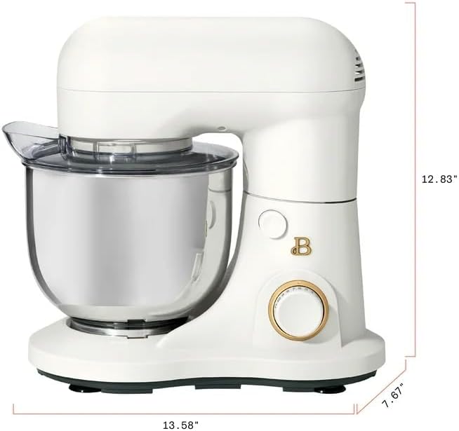 Beautiful 3.5 Qt Tilt-Head Stand Mixer | 12-Speed 300 W Motor | Stainless Bowl Beater, Dough Hook & Whisk by Drew Barrymore (White)
